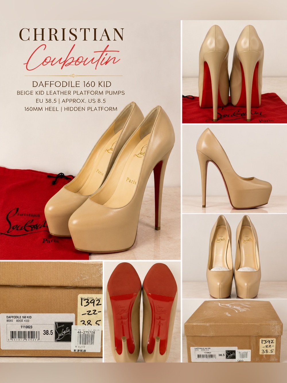 Christian Louboutin Daffodile 160 Kid Leather Beige Platform Pumps EU 38.5